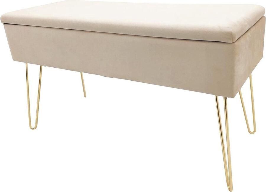 Dekenkist Scarlett Zitbank gestoffeerde fluwelen bekleding opbergkist make-upbank opbergruimte metalen poten 75 x 30 x 415 cm polyestermix crème Dekenkist