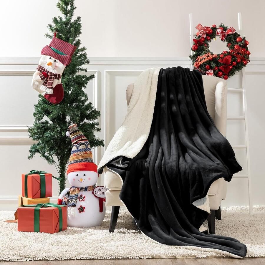 Dekens knuffeldeken volwassenen wollig XXL deken 220 x 240 cm dikke en warme sherpa-deken Oeko-Tex -gecertificeerde zachte fleecedeken voor bank of bed zwart VOTOWN HOME