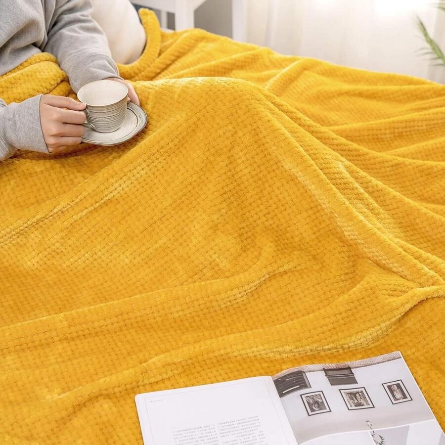 Dekens met graankorrelontwerp warm pluizig fleece omkeerbare effen microvezel dekens voor bed bank lichtgewicht reizen 125 x 150 cm Goudkleurig - Foto 2