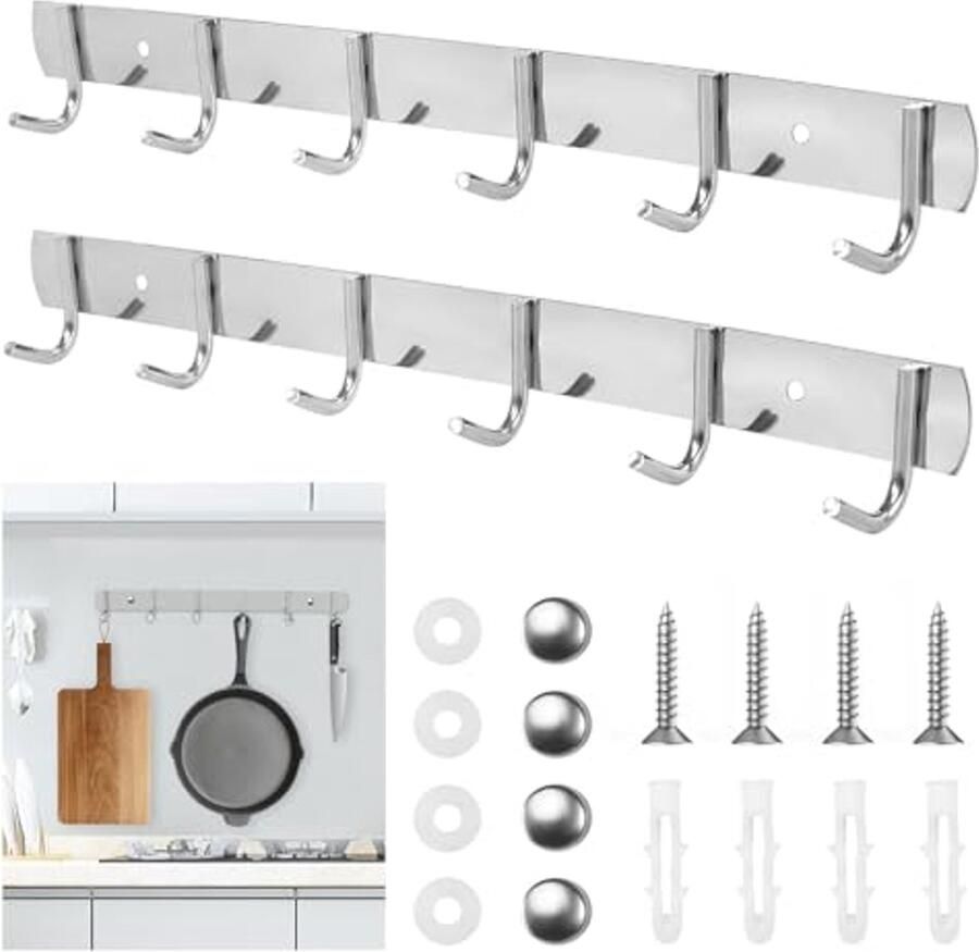 DELAESI Keukenhaakrek 2 stuks kapstokhaakrek roestvrijstalen keukenhaakrek ruimtebesparende kapstokken voor keuken badkamer woonkamer