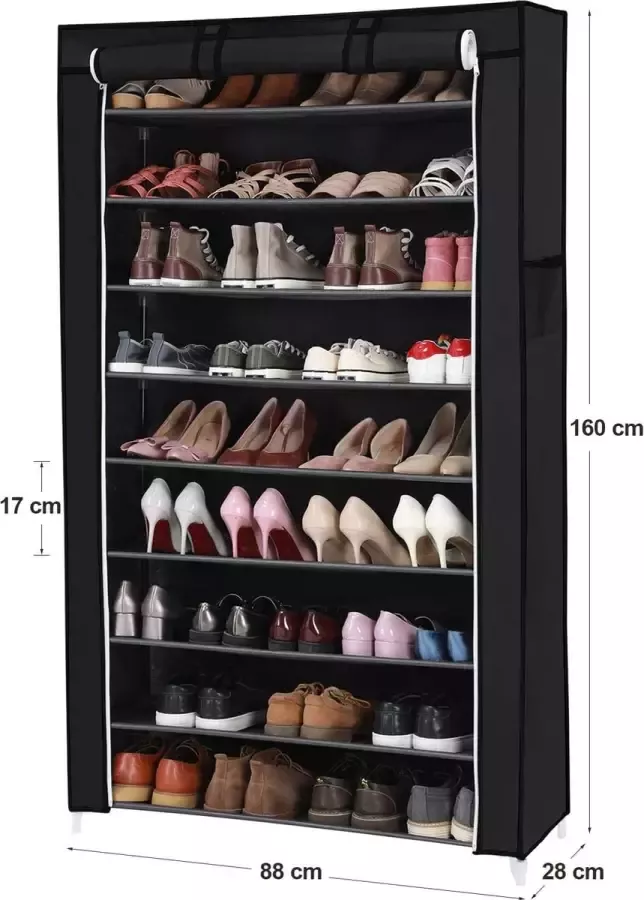 Delux-Home Schoenenrek met 10 niveaus met stofdichte bekleding schoenenkast schoenenopslag schoenenorganizer voor maximaal 40 paar schoenen voor woonkamer hal 88 x 28 x 160 cm zwart
