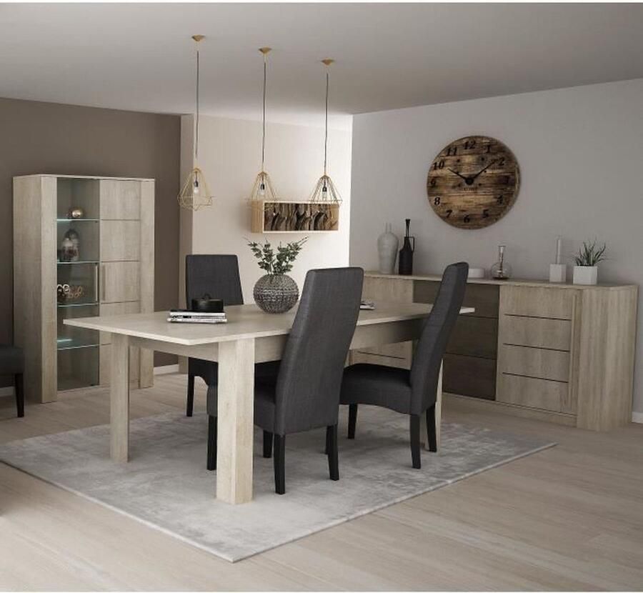 DEMEYERE Woonkamerset Eettafel 170 cm + Dressoir 2 deuren + Vitrinekast 1 glazen deur Eiken licht beton decor ANTIBES