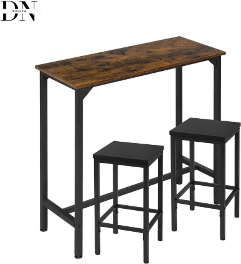 Deniva Bartafel Met Barstoelen Set 2 stoelen 100 x 100 x 40 CM Industriële bartafel met 2 barkrukken – Vintage Hout