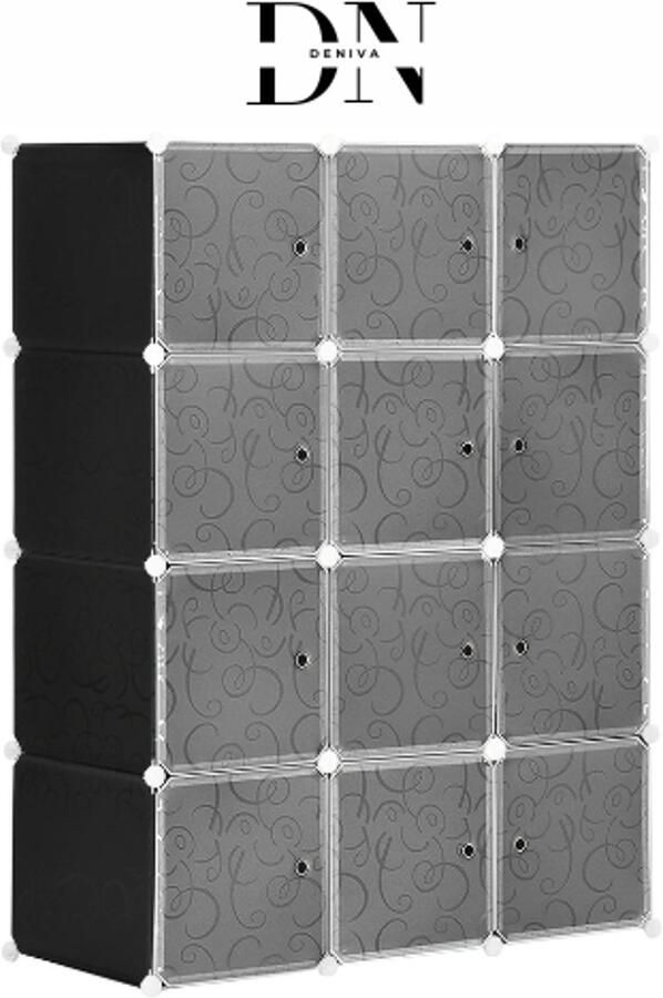 Deniva Kledingkast Slaapkamer Opbergkast 12 kubussen met deuren multifunctioneel stapelbaar ruimtebesparend Zwart & Wit