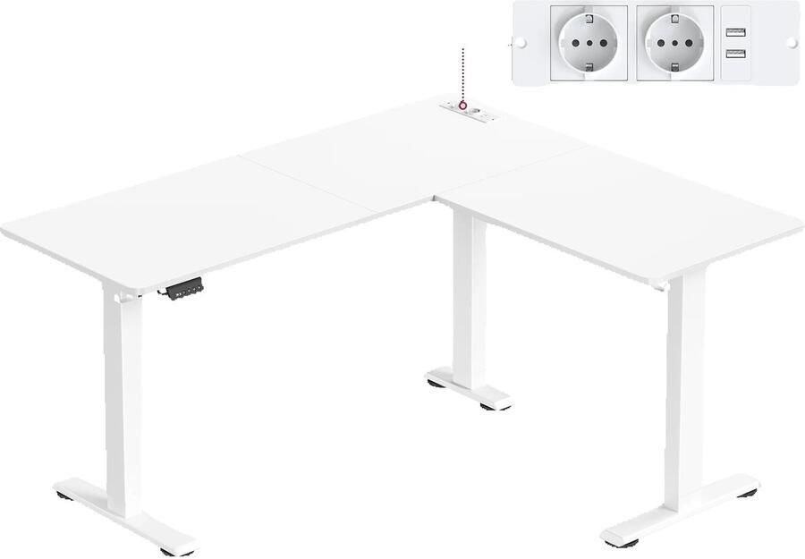 Deniva Zit sta bureau In Hoogte Verstelbaar Hoekbureau L vorm 140x160 cm met USB & Stopcontact- wit werkbureau