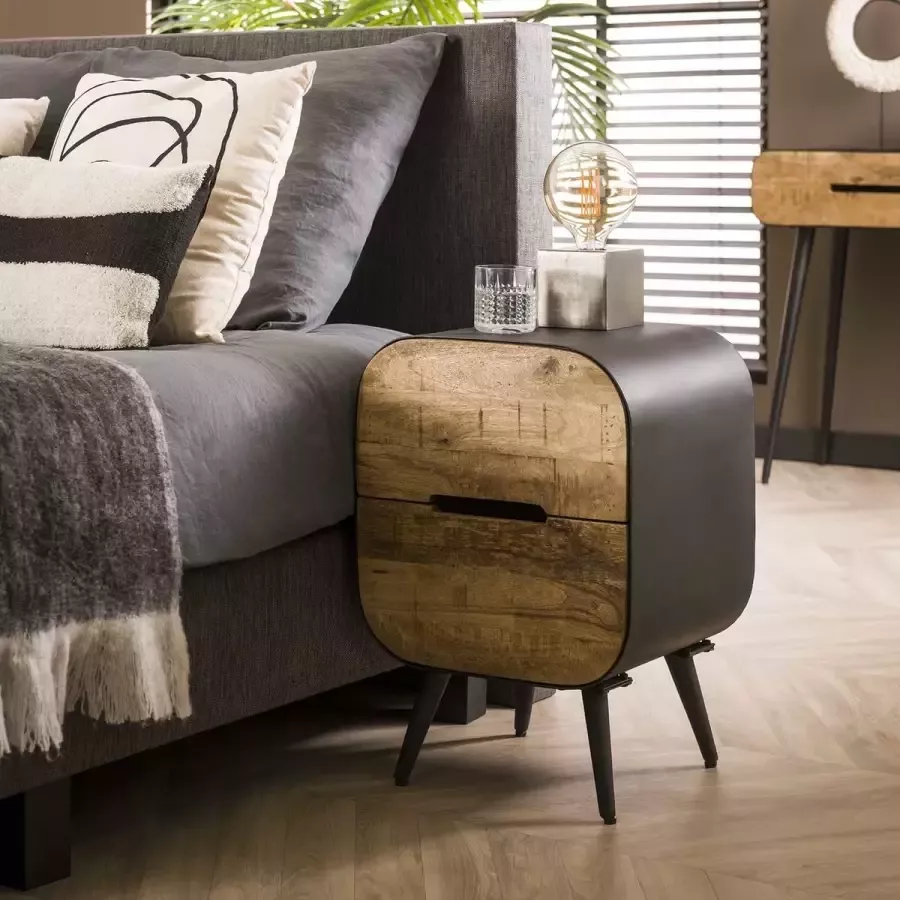 PW-Collection DePauwWonen 2L Carve Nachtkastje LxBxH = 40 x 35 x 60cm Nachtkastjes Slaapkamer Bijzettafel Sidetable Industrieel Grijs; Bruin