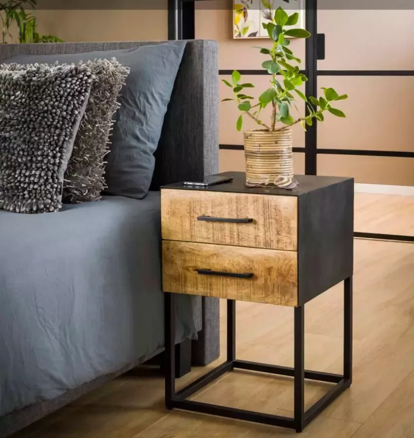 PW-Collection DePauwWonen 2L Metal wood Nachtkastje LxBxH = 40 x 40 x 60cm Nachtkastjes Slaapkamer Bijzettafel Sidetable Industrieel Zwart; Bruin