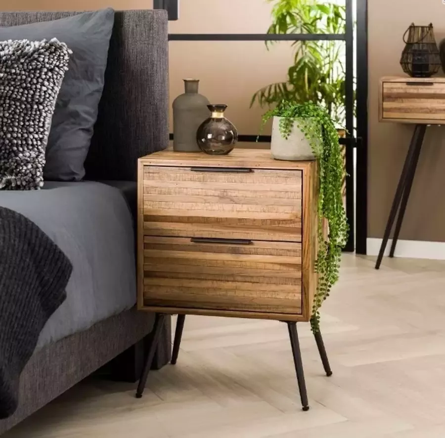 PW-Collection DePauwWonen 2L Teca strip Nachtkastje LxBxH = 45 x 30 x 60cm Nachtkastjes Slaapkamer Bijzettafel Sidetable Industrieel Bruin
