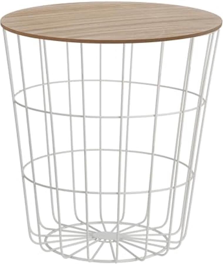 Design Bijzettafel met Houten Deksel Decoratieve Metalen Mand in Wit
