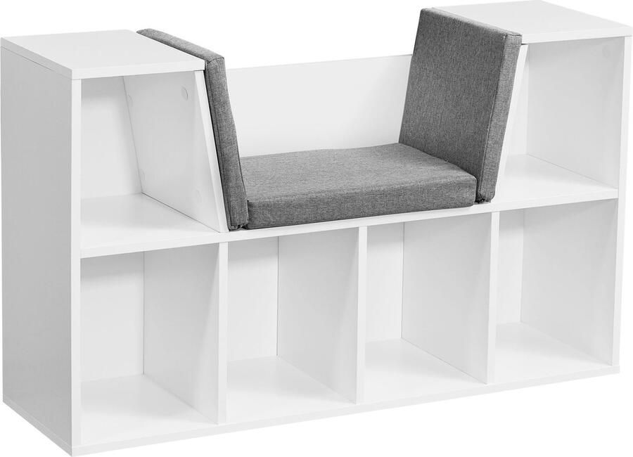 Rootz Living Rootz Design Plank met Zitting Vrijstaande Plank met Grijze Zittingbekleding Bank met 6 Vakken Wit Mat 101 5 x 61 5 x 30 cm