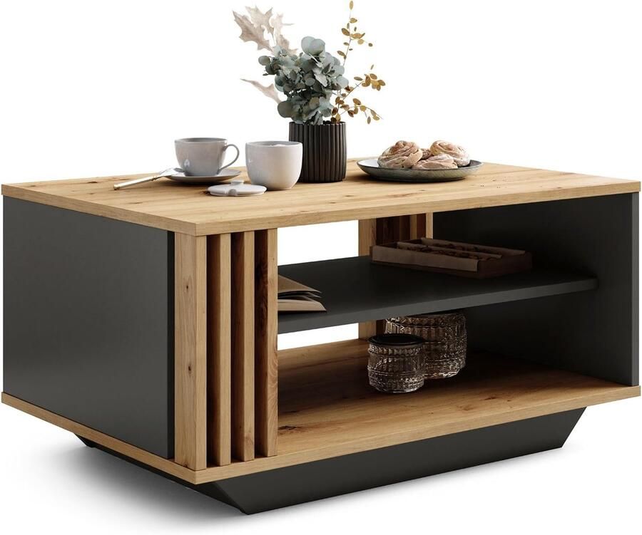 Moderne salontafel met lamellen Elegante rechthoekige woonkamer tafel met plank