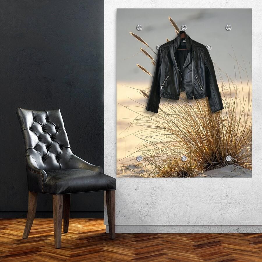Design Wandkapstok “Bent Grass” – Acrylglas Kapstok met Duingras-print & Aluminium Frame Inclusief Haken en Schroeven