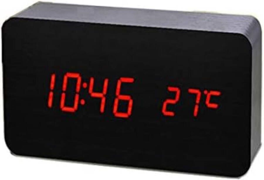 Desk Houten Wekker Digitaal Instelbare Helderheid Stembesturing 3 Alarmsets Grote Weergavetijd Temperatuur Datum USB of Batterijvoeding Voor Thuis Kinderen Slaapkamer Kantoor AC11 Black_Red