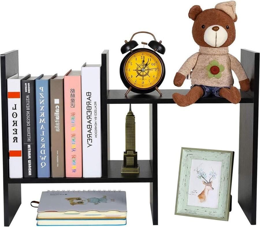 Desktop Boekenplank Houten Aanrecht Boekenkast Verstelbare Literatuur Display Rack Zwart