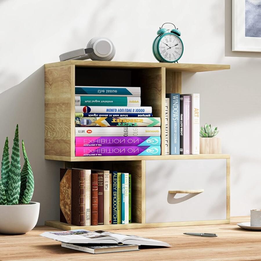 Desktop boekenplank met laden opgewaardeerde stevige boekenkast organizer plank displaytafel opbergplank voor thuiskantoor woonkamer studeerkamer eiken kleurenboekenplank