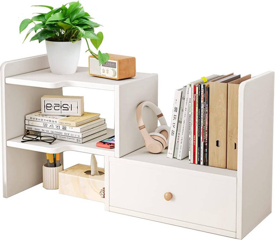 Desktop Bookcase Desktop Bookcase with Drawers DIY Multifunctional Office Desktop Bookcase for Office Supplies Kitchen Bathroom (White)