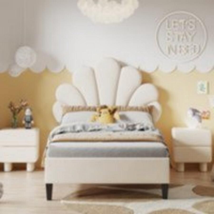 Details winnen de voorkeur! Duurzaam gevuld bed 90x200cm (beige) met een bloemvormig hoofdboard dat erg mooi uitziet – de huidvriendelijke velours lattenbodem zorgt voor geen zweetopbouw bovendien is het duurzaam en eenvoudig te onderhouden!