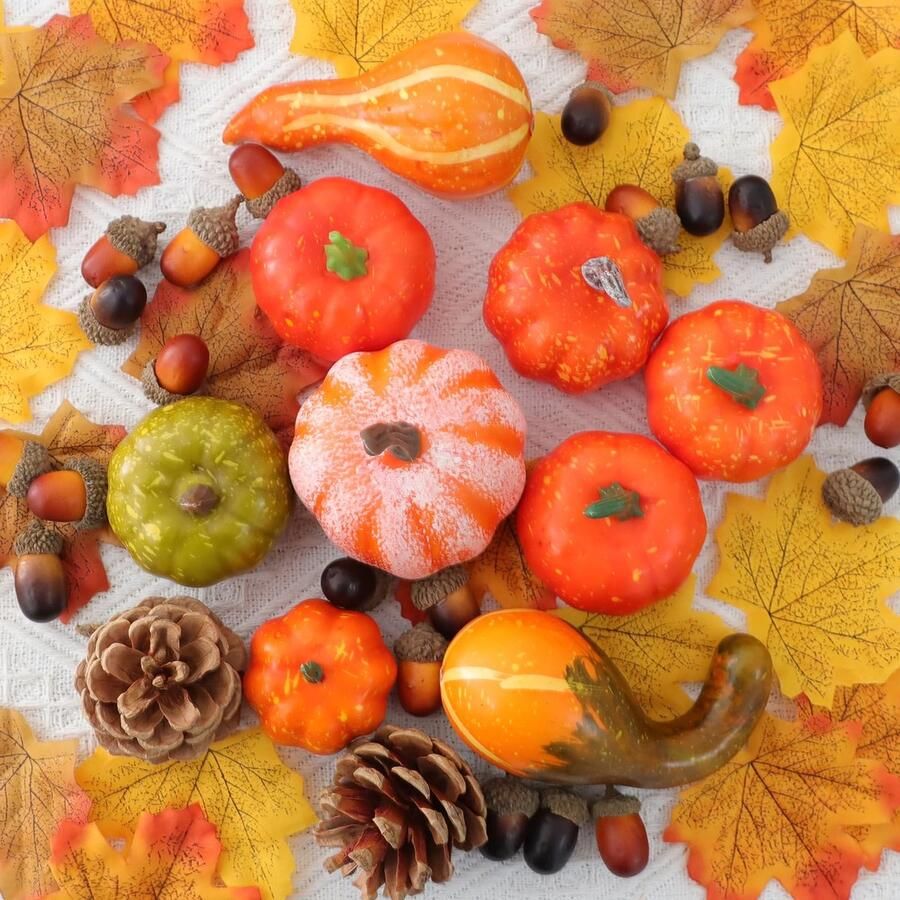 DETENE 60-delige Thanksgiving pompoendecoratieset Pompoen herfstdecoratieset Mini pompoenen Eikels Dennenappels Esdoornbladeren voor Thanksgiving Herfstoogst Eettafel middelpunt voor thuis