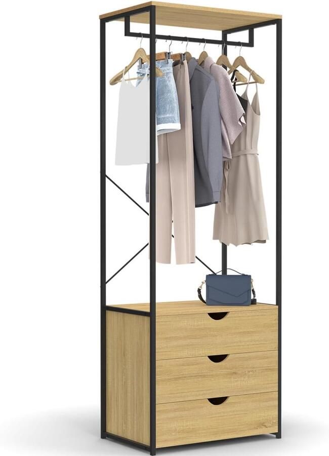 DETROIT Kledingkast met 3 Laden – Industriële Penderie 60 cm Breed Stijlvol Design voor Slaapkamer of Garderobe