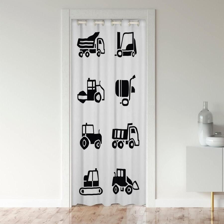 Deurgordijn voor Deuropening Privacy Apparatuur Vrachtwagens Kast Cover Gordijn Slaapkamer Woonkamer Cartoon Auto Graafmachine Tractor Zwart Wit Kamer Divider 132x203cm Truck Gordijnen