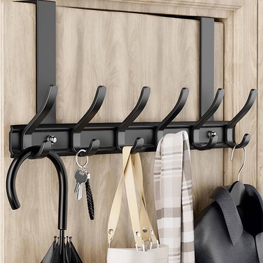 Deurhaken om op te hangen ruimtebesparend deurkapstok met 6 haken deurhakenlijst hanger boven deur handdoekhouder deur garderobelijst zonder boren voor badkamer slaapkamer (zwart)
