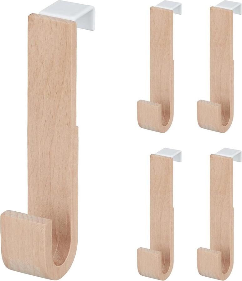 Deurhaken set van 5 jassen handdoeken deurkapstok hal organizer HxBxD 13 x 25 x 6 cm wit naturel
