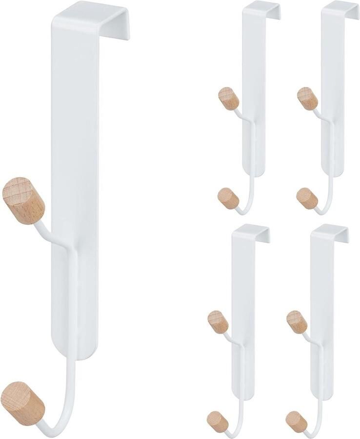 Deurhaken set van 5 Scandinavisch design Dubbele haak IJzer en hout Deurkapstok HxBxD: 16 x 2 x 7 cm Wit naturel