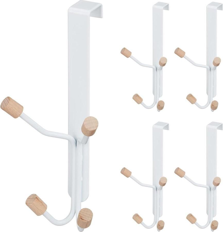 Deurhaken set van 5 Scandinavisch viervoudige haken kapstok wit naturel ijzer & hout 19 x 9 x 8 cm voordeur slaapkamer