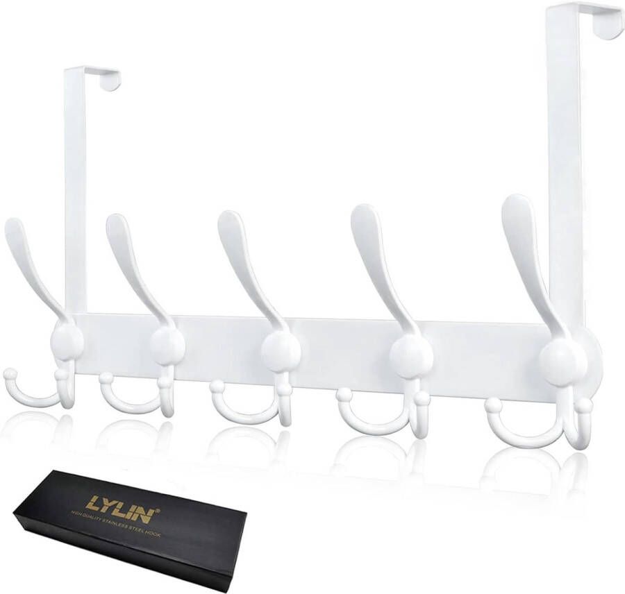 Deurhaken van roestvrij staal deurkapstok met 15 haken kledinghaken voor deur zonder boren garderobehaken voor keuken badkamer hal en slaapkamer (wit deurdikte tot 2 1 cm)