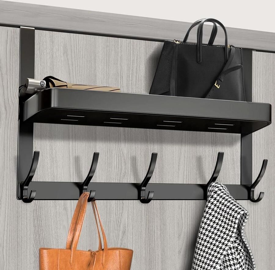 Deurhaken met 5 kleerhangers en plank Functionele kledinghaken voor deur Zonder boren Badkamerrek Keuken deurkapstok opdekdeur