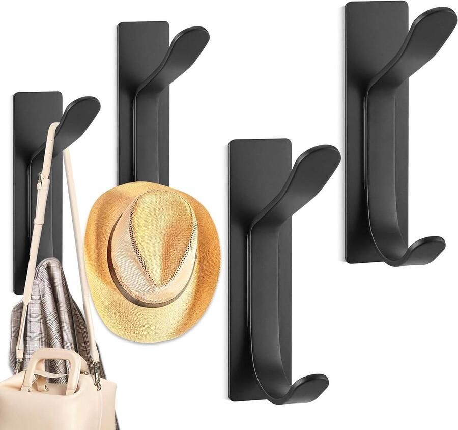 Deurhaken Zelfklevend Roestvrij Zwart 4 Stuks Sterke Zelfklevende Haken Zware Kapstokhaken Dubbele Haak Ontwerp Jas Ophangen Wandmontage