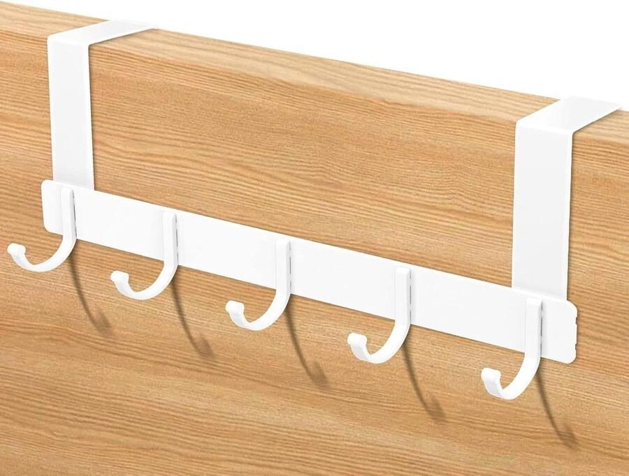 Deurhanger met 5 haken deurgarderobe afneembare deurhaken roestvrij staal kledinghaken deursponningen 1-2 cm wit deurkapstok opdekdeur