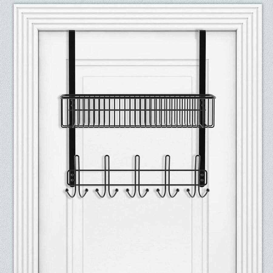 Deurkapstok met 15 haken en opbergmand Gaas deurhaken Jassen ophangen Zwarte draadmand Thuisopslag