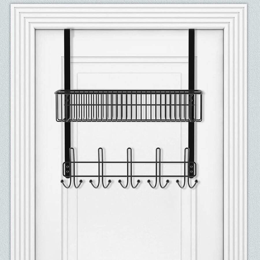 Deurkapstok met 15 haken met opbergmand van gaas deurhaken voor het ophangen van jassen zwarte draadmand voor thuisopslag