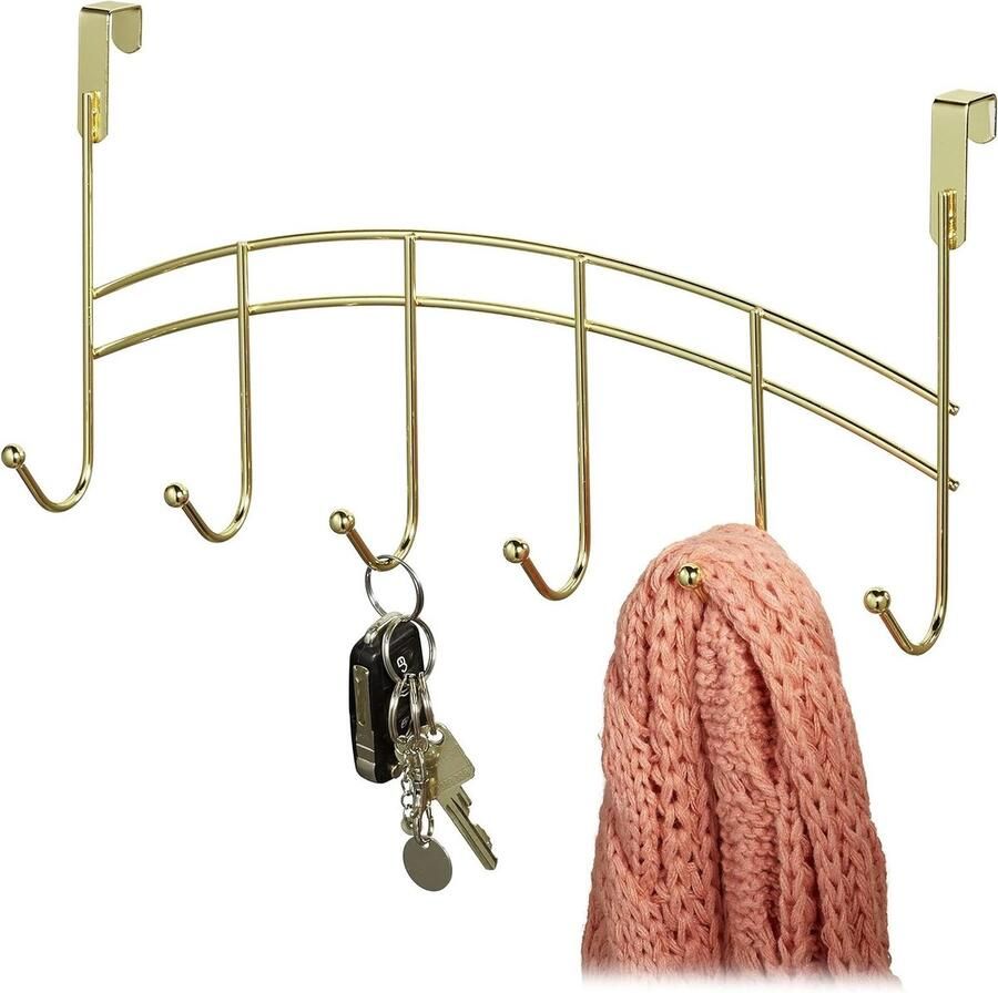 Deurkapstok met 6 haken Hangende kapstok voor gang slaapkamer badkamer HBD 20x40x9 cm goud