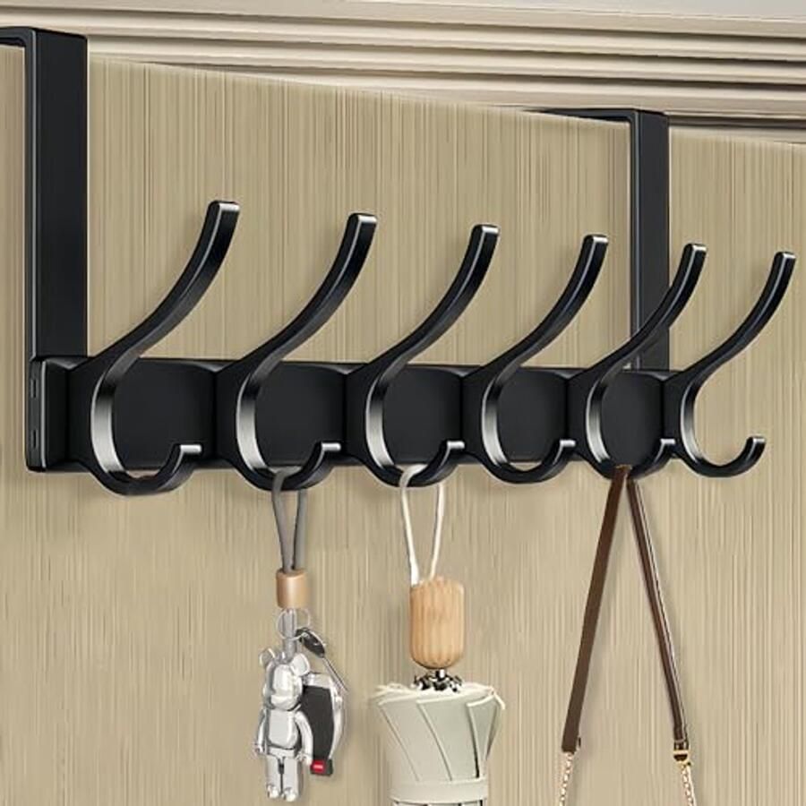 Deurkapstok met 6 Haken voor Efficiënte Opbergruimte Universal Deurhaken voor Kleding en Handdoeken (Zwart)