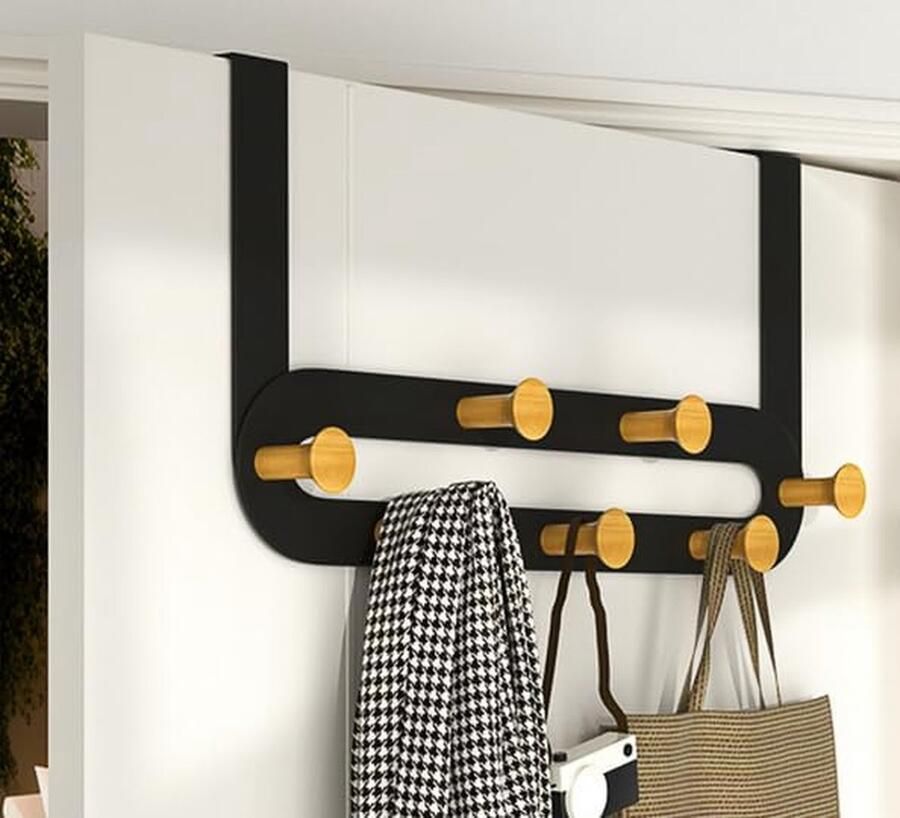 Deurkapstok om op te hangen met 7 haken Deurhaken Zwart om op te hangen Deurhaakrail Kledinghaak Deur Binnendeurhanger Kapstok Zonder Boren Deur voor Keuken Gang Slaapkamer