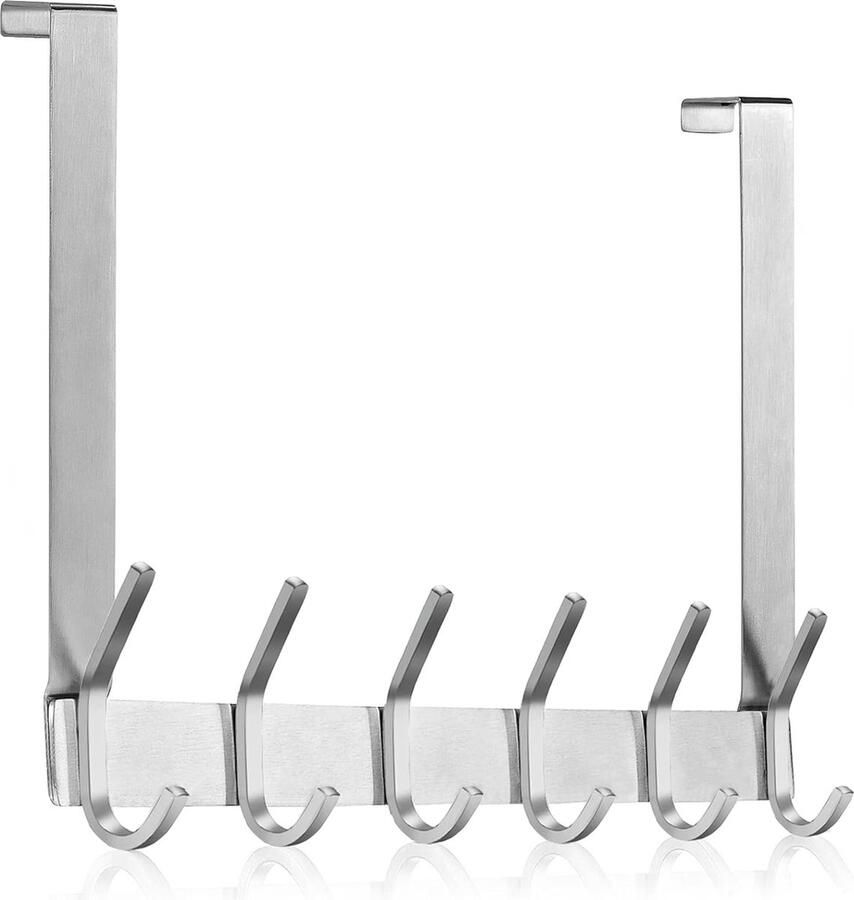 Deurkapstok om op te hangen roestvrij staal deurkapstok zonder boren kapstok deur voor deuren deurhaakrail roestvrij staal met 6 haken voor keuken badkamer (zilver dikte