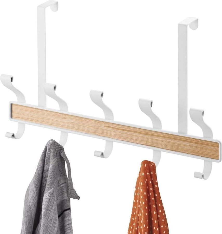 Deurkapstok ruimtebesparend vrij hangend met vijf dubbele haken wit lichte houtskleur deurkapstok opdekdeur