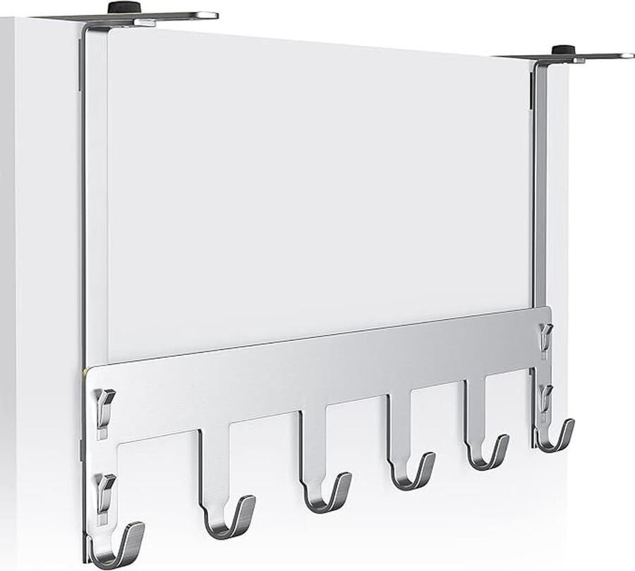 Deurkapstok RVS verstelbaar zonder boren kledinghaakdeur om binnen en achter geluidloos op te hangen deurhaakrail met 6 haken voor slaapkamer kinderkamer badkamer keuken