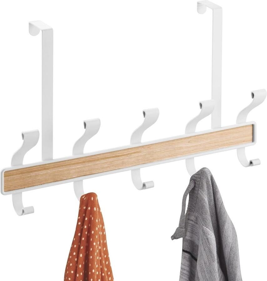 Deurkapstok voor aan de deur Ruimtebesparend met vijf dubbele haken in wit en lichte houtskleur