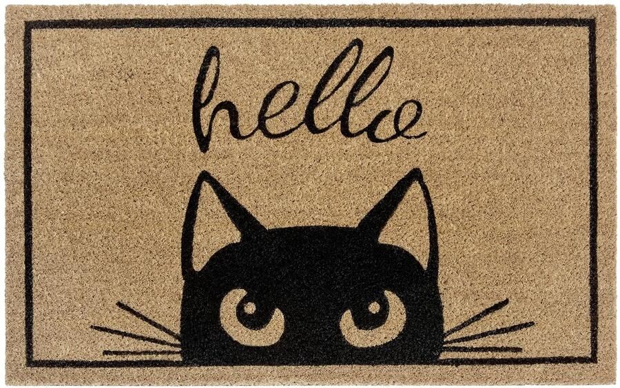 Hanse Home Deurmat Kokos 45x70cm – Antislip Vuilvanger Mat Natuurlijk voor Binnen Hello Cat Deurmat Kokosvezelmat voor Entree & Overdekte Buitenruimte