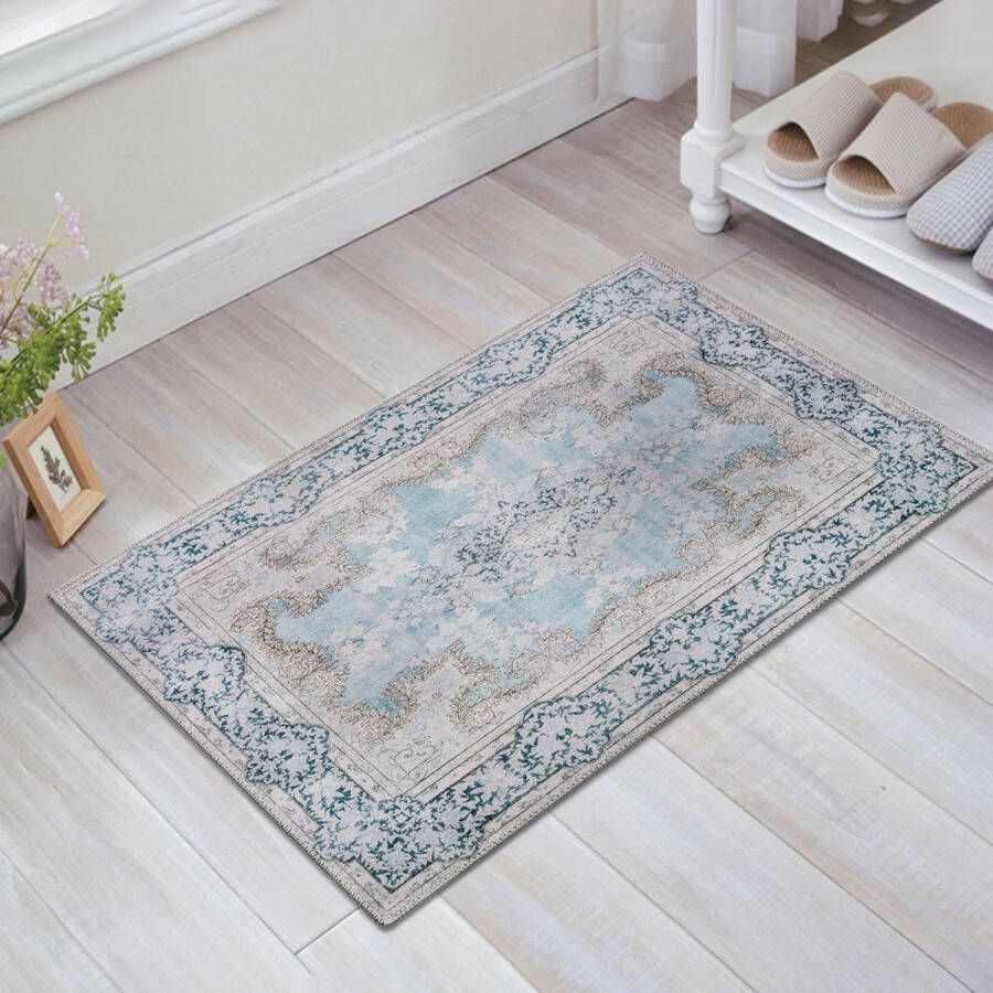 Deurmat voor binnen klein tapijt vintage wasbaar in wasmachine dunne deurmat antislip voor hoek keuken voor het bed blauw 50 x 80 cm