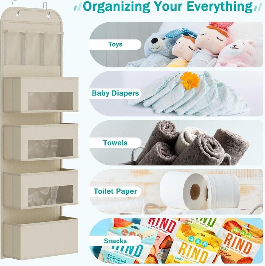 Deurorganizer hangorganizer met 4 grote vakken raam en 3 pvc-vakken 2 metalen haken hangrek voor deur badkamer kinderkamer woonkamer slaapkamer beige