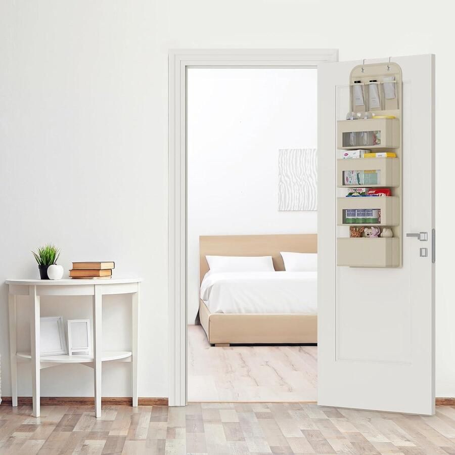 Deurorganizer hangorganizer met 4 grote vakken raam pvc-vakken 2 metalen haken hangrek deur badkamer kinderkamer beige