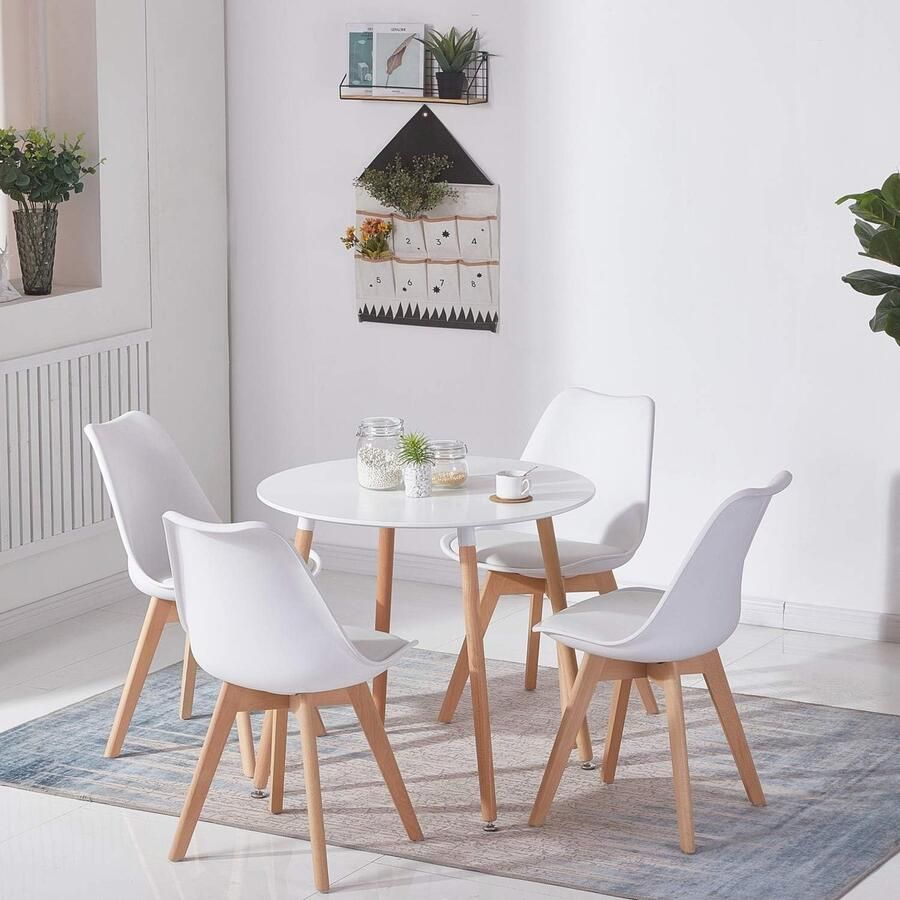 Scandinavische Eettafel met 4 Witte Stoelen Ronde Tafel 80 cm