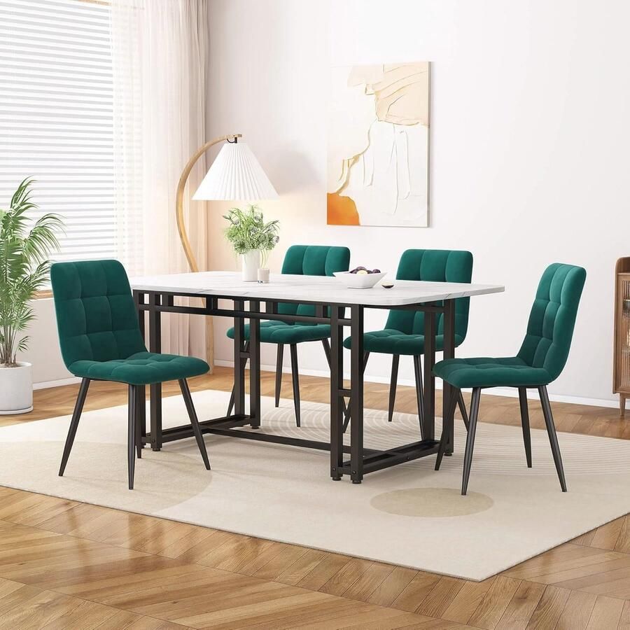 Moderne Eetkamerset met Eettafel en 4 Groene Stoelen Stijlvolle Tafelset voor Woonkamer en Keuken