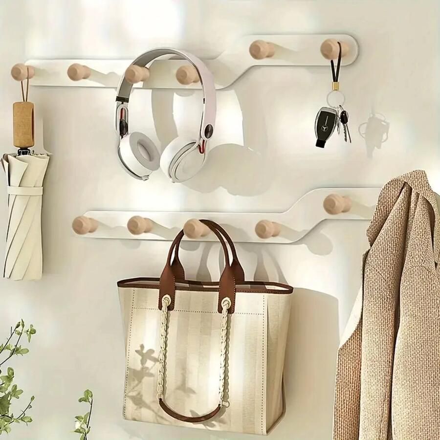 Devesanter Wooden Wall Coat Rack – Pack of 2 – White – Multi-Purpose Hooks for Living Room Kitchen Bedroom & Bathroom