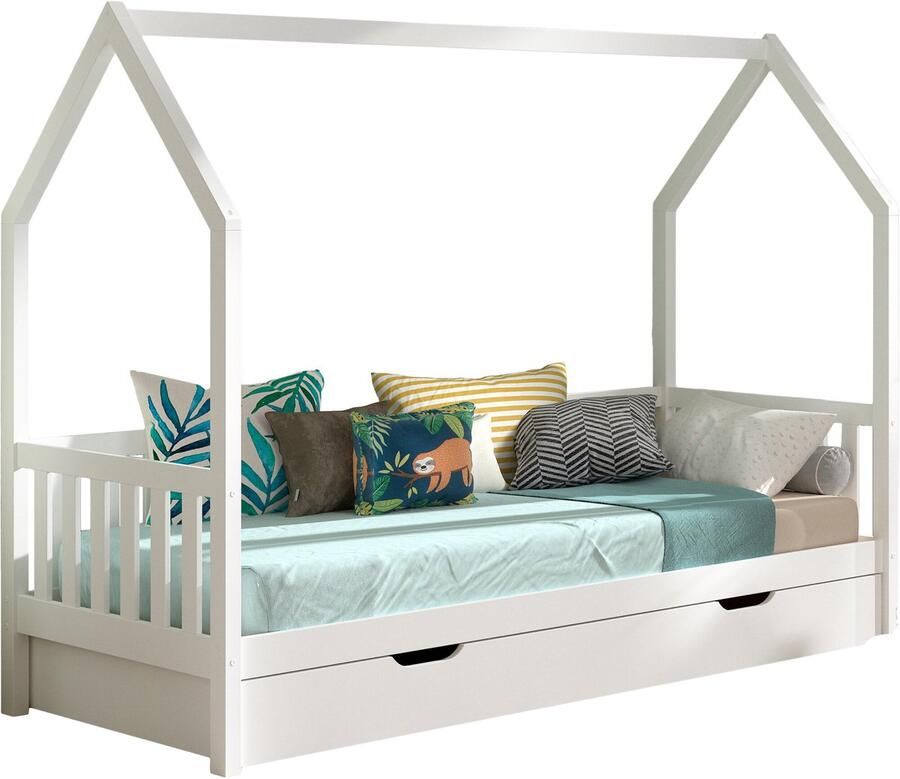 Deze CABANE combinatie in wit bestaat uit een huisbed met hekje (90 x 200 cm) en rolbed