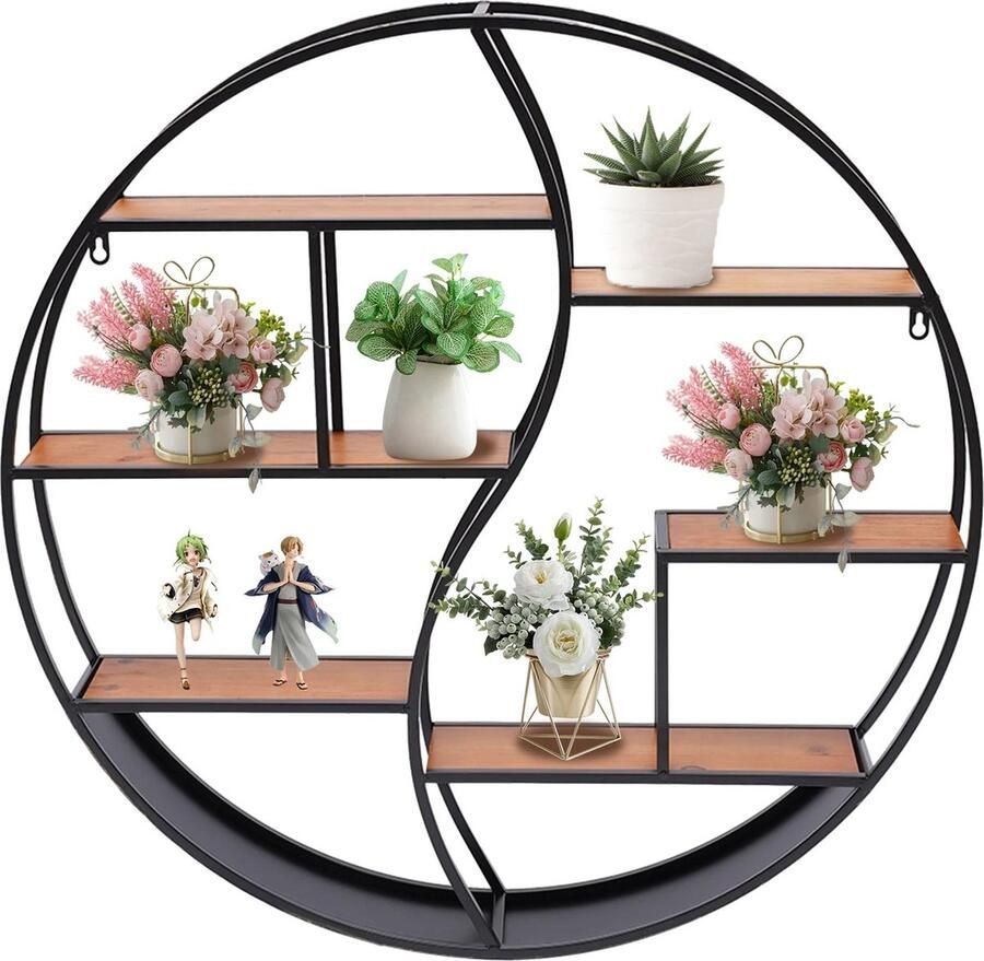 DHN Muurplank Hout Metalen Muurdecoratie Wandplank Wandrek Industrieel boekenrek Drijvende planken Rond muurplank DisplayPlank Zwart Hout